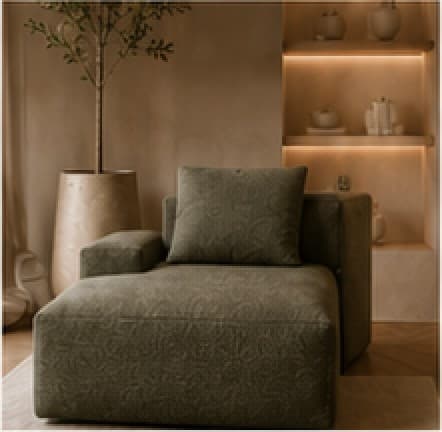 One Vellum module arranged as a deep olive armchair.