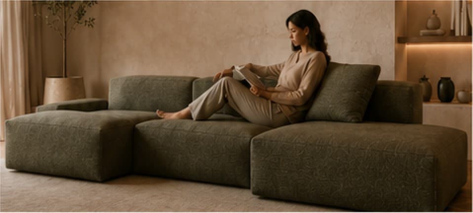 A woman reading on the chaise of an olive modular sofa.