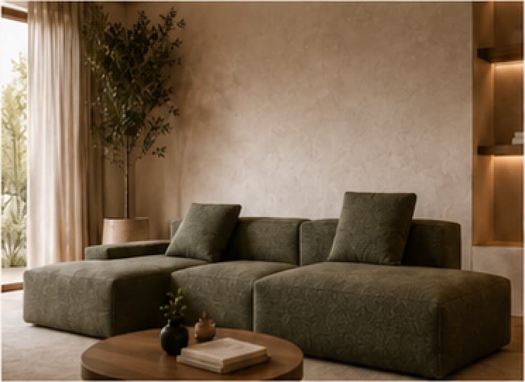 Olive Double Lounge sofa beside a round timber table in a softly lit room.