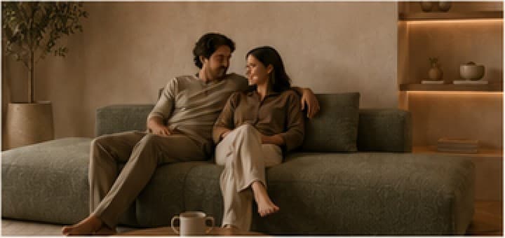 A couple seated together on an olive Vellum sofa.