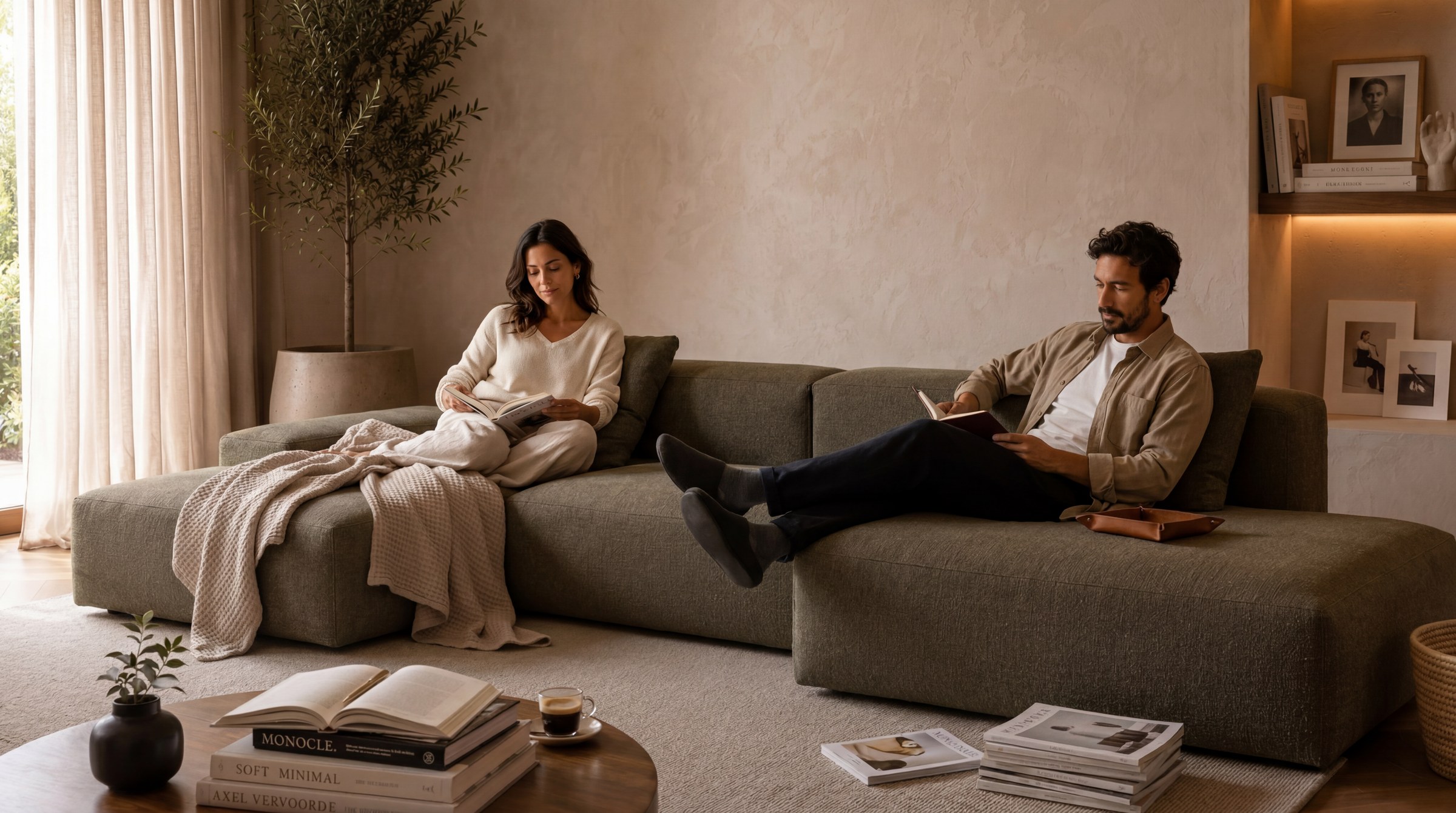 Vellum Lowform modular sofa in a warm, softly lit living room.
